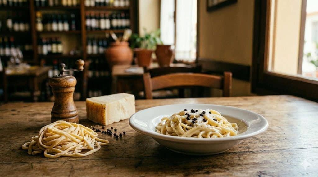 Zutaten für Cacio e Pepe Pasta: Frische Eierpasta, Pecorino Romano Käse und schwarzer Pfeffer auf einem rustikalen Holztisch im Ristorante Alitalia Hamburg.