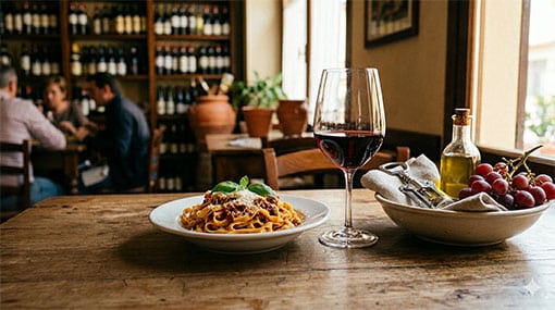 Frische italienische Pasta mit Tomatensauce und ein Glas Rotwein in rustikalem Ambiente im Ristorante Alitalia Hamburg.