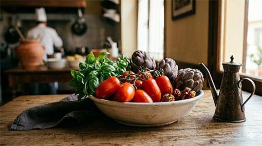 Saisonale italienische Zutaten wie San-Marzano-Tomaten, frischer Basilikum und Artischocken auf einem Holztisch im Ristorante Alitalia Hamburg.