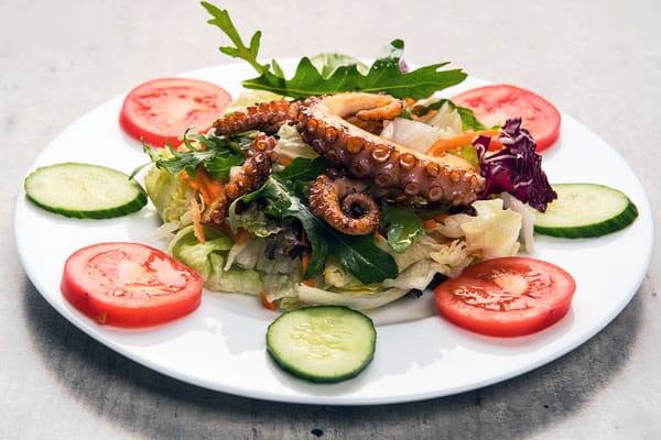 Zart gegrillter Pulpo auf mediterranem Salat – eine feine Fischspezialität im Ristorante Alitalia im Hamburger Industriehof.